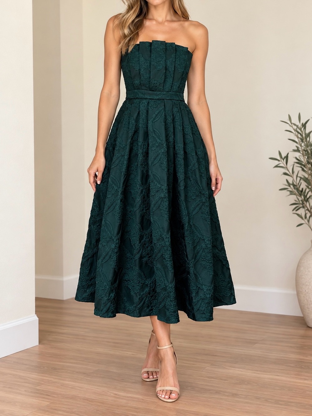 Emerald Green Strapless Floral Textured Midi Dress Size Small